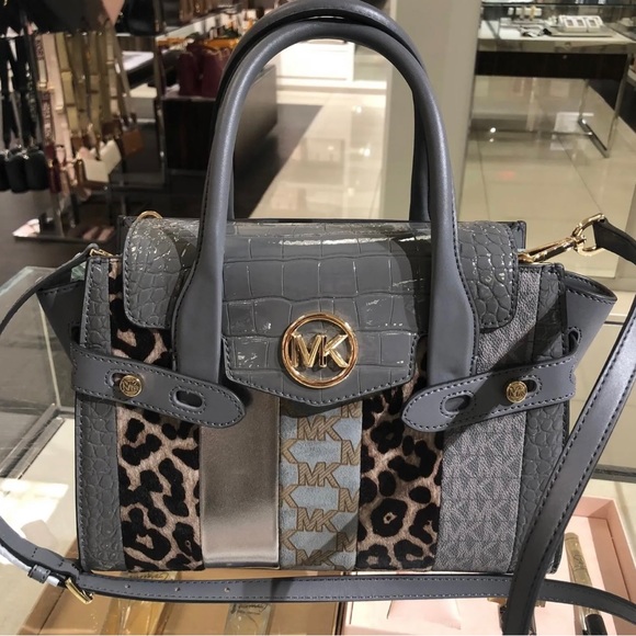 MICHAEL KORS CARMEN MEDIUM FLAP SATCHEL SHOULDER BAG EXOTIC MK GREY - Picture 1 of 4